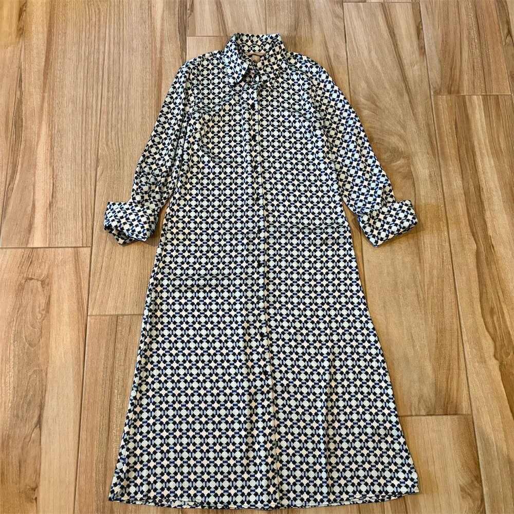 H&M Shirt Dress Womens Size S Blue Black White Geometric Collared Midi